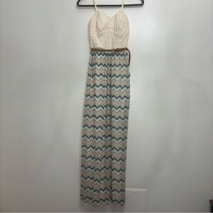 Chic Cream and Teal Chevron Maxi Dress
